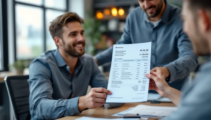 In der Abbildung übergibt ein Chef einem Angestellten einen aktuellen Gehaltsnachweis, der wichtige Informationen über das Einkommen und die Gehaltsabrechnung enthält, um dem Arbeitnehmer bei der Anmietung einer Wohnung oder der Beantragung eines Kredits zu helfen. Der Gehaltsnachweis dient als wesentlicher Einkommensnachweis, der in verschiedenen Situationen benötigt wird.
