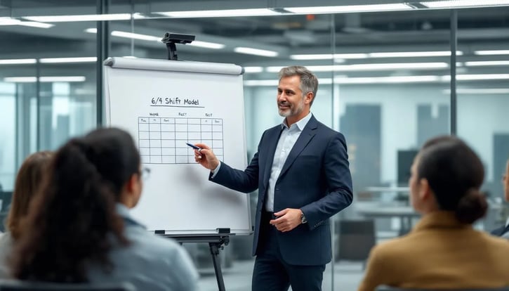 Eine Führungskraft erklärt vor einer Gruppe von Mitarbeitern das 6/4-Schichtmodell, das in vielen Betrieben, wie etwa in der Industrie und im Gesundheitswesen, zur Planung von Arbeitszeiten eingesetzt wird. Die Präsentation umfasst die verschiedenen Schichtgruppen und deren Anforderungen, um die Mitarbeiterzufriedenheit und die Flexibilität im Schichtsystem zu gewährleisten.