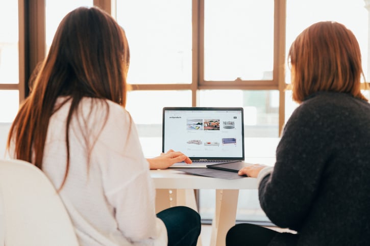 Het achteraanzicht van twee brunette vrouwen voor een laptop