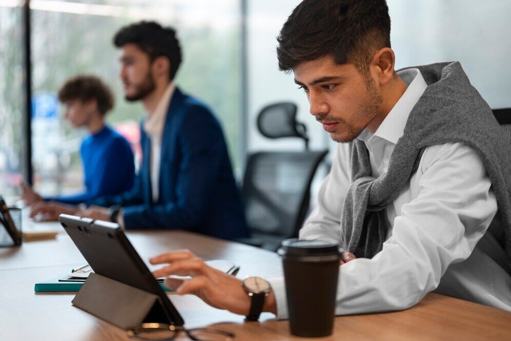 Empleado utilizando una tablet para gestionar procesos digitales en una empresa en proceso de transformación digital.