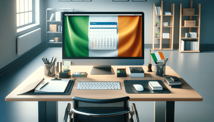 office desk with Irish flag in computer screen symbolising bank holidays in Ireland