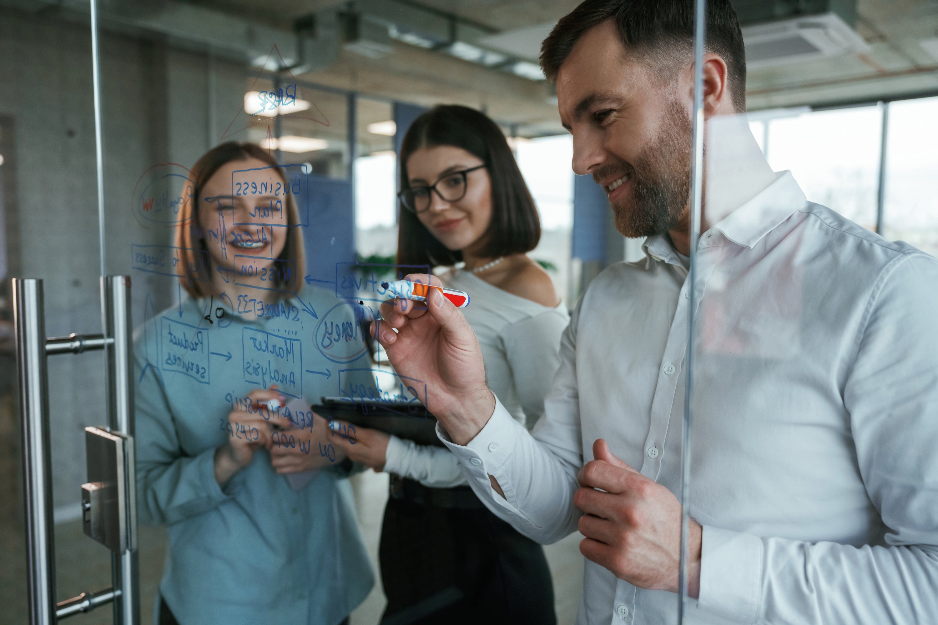 office worker working together on project on white board