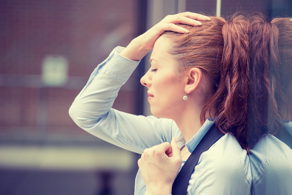 portrait stressed sad young woman outdoors. City urban life style stress-2