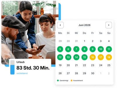 Shiftbase App zeigt übersichtliches Dashboard zur Verwaltung von Urlaub und Brückentagen, inklusive Abwesenheitskalender, Genehmigungsstatus und Teamübersicht.