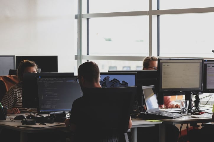 people working behind their laptop in an office