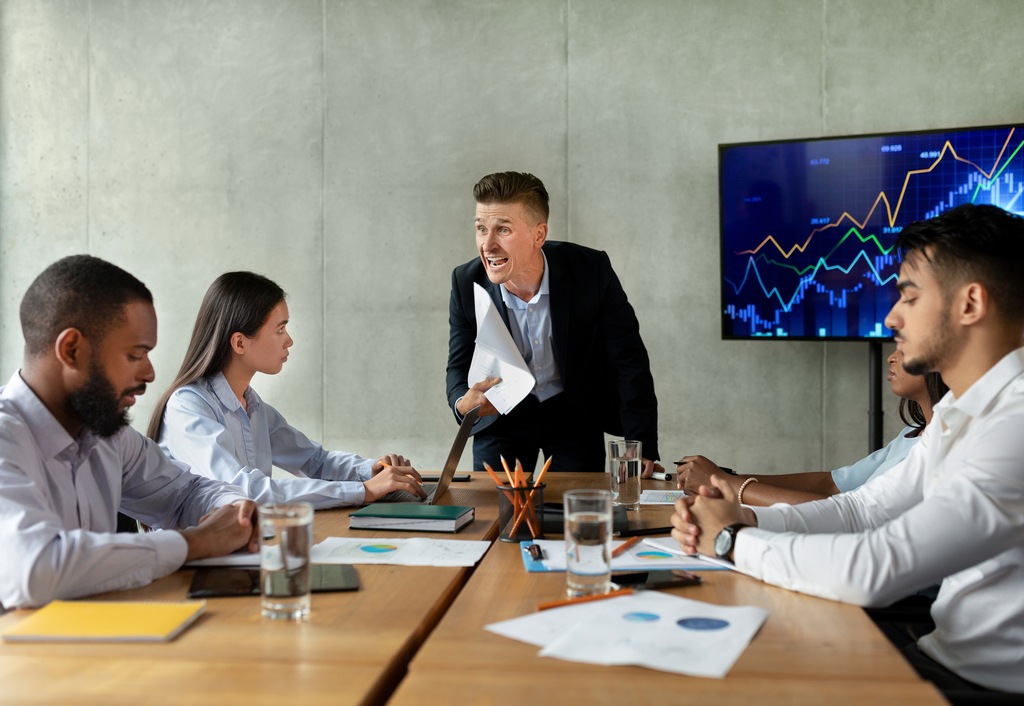 toxic boss angry businessman shouting at workers