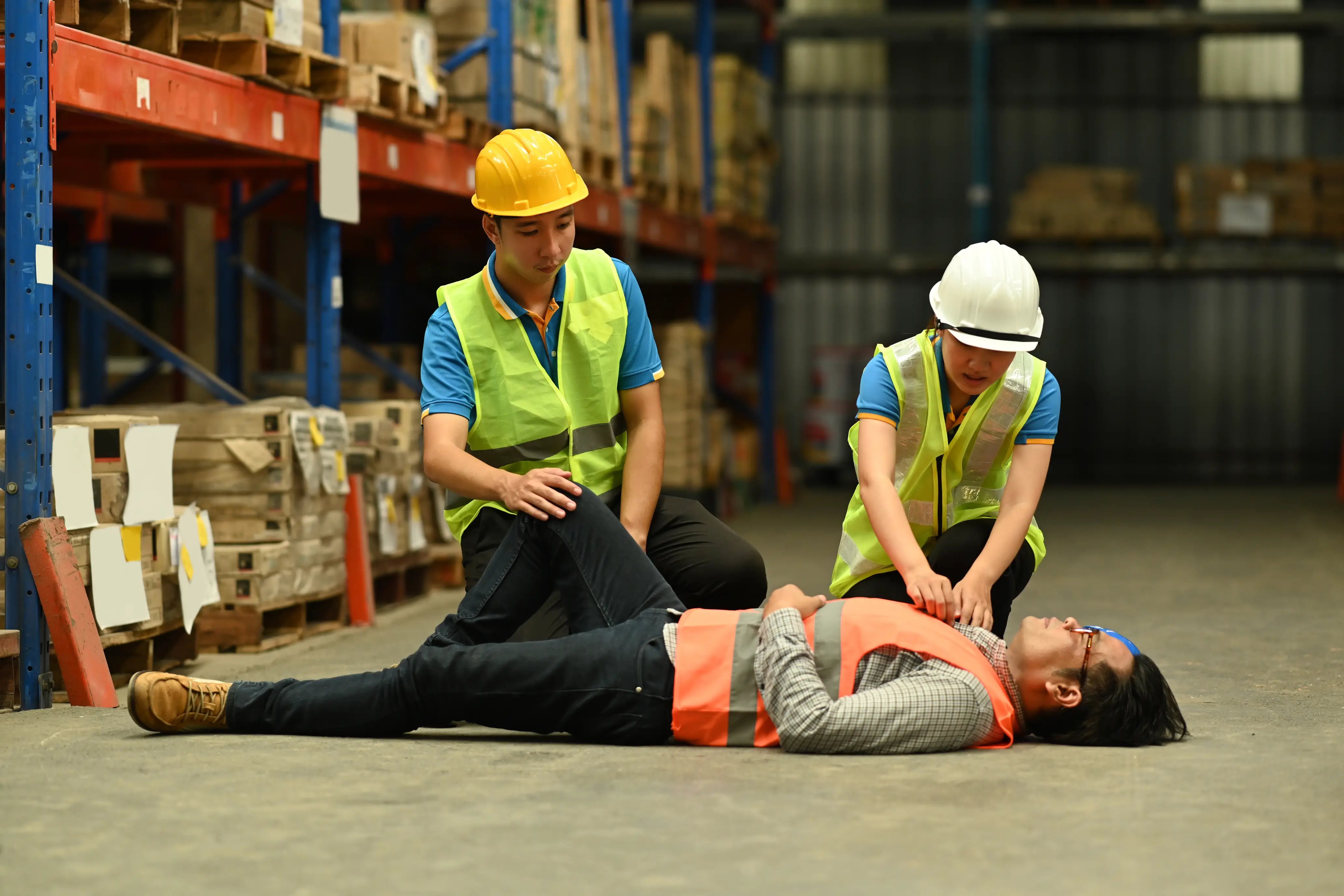 warehouse worker lying on the concrete while 2 other workers are helping