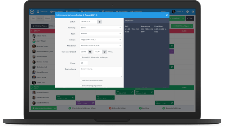 Shiftbase Dashboard zur Berechnung des Minijobber Urlaubsanspruchs mit digitaler Zeiterfassung und Schichtplanung.