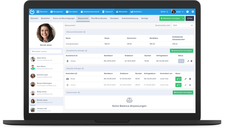Digitale Urlaubsanfrage eines Mitarbeitenden in der Shiftbase Abwesenheitsmanagement-Software auf dem Desktop