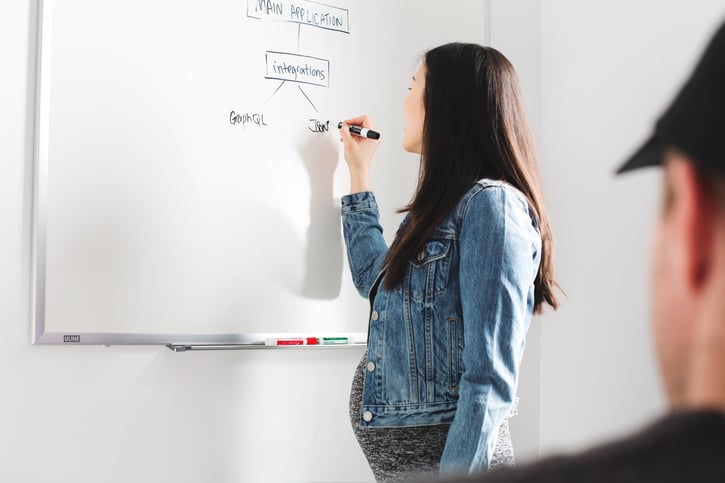 Zwangere vrouw schrijft op whiteboard